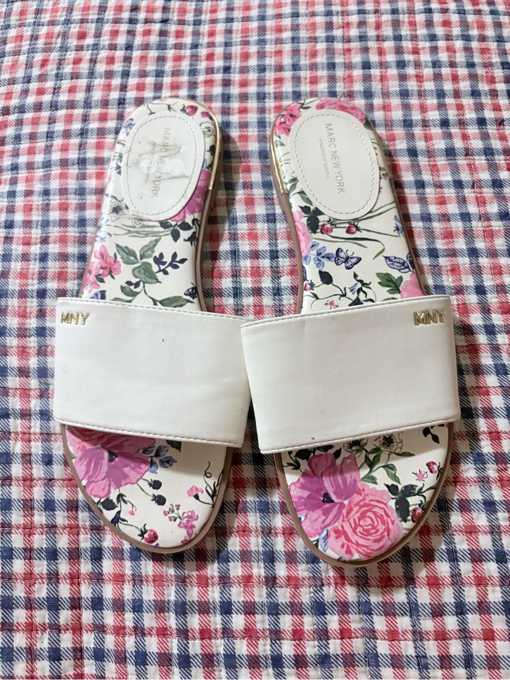 Marc New York White Slide Sandals with Pink Floral Footbed